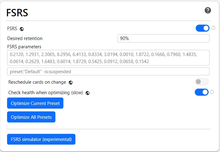 A screenshot of the Anki deck options showing the FSRS section of settings.